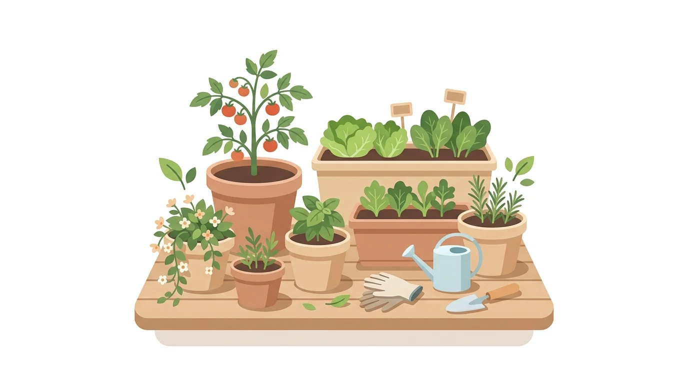 Container gardening setup with plants